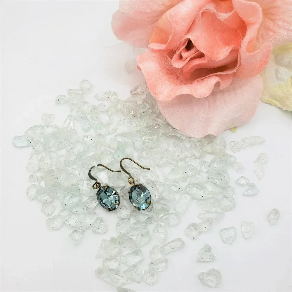NEW! Ocean Blue Crystal Hanger Earrings w/ Bronze Metal Casing